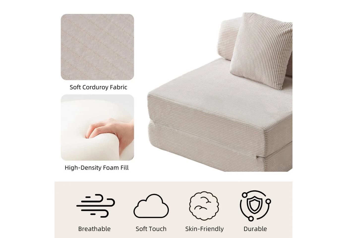 CANMOV Sofa-Bett mit Getränkehaltern und Cordbezug Beige - Bild 5