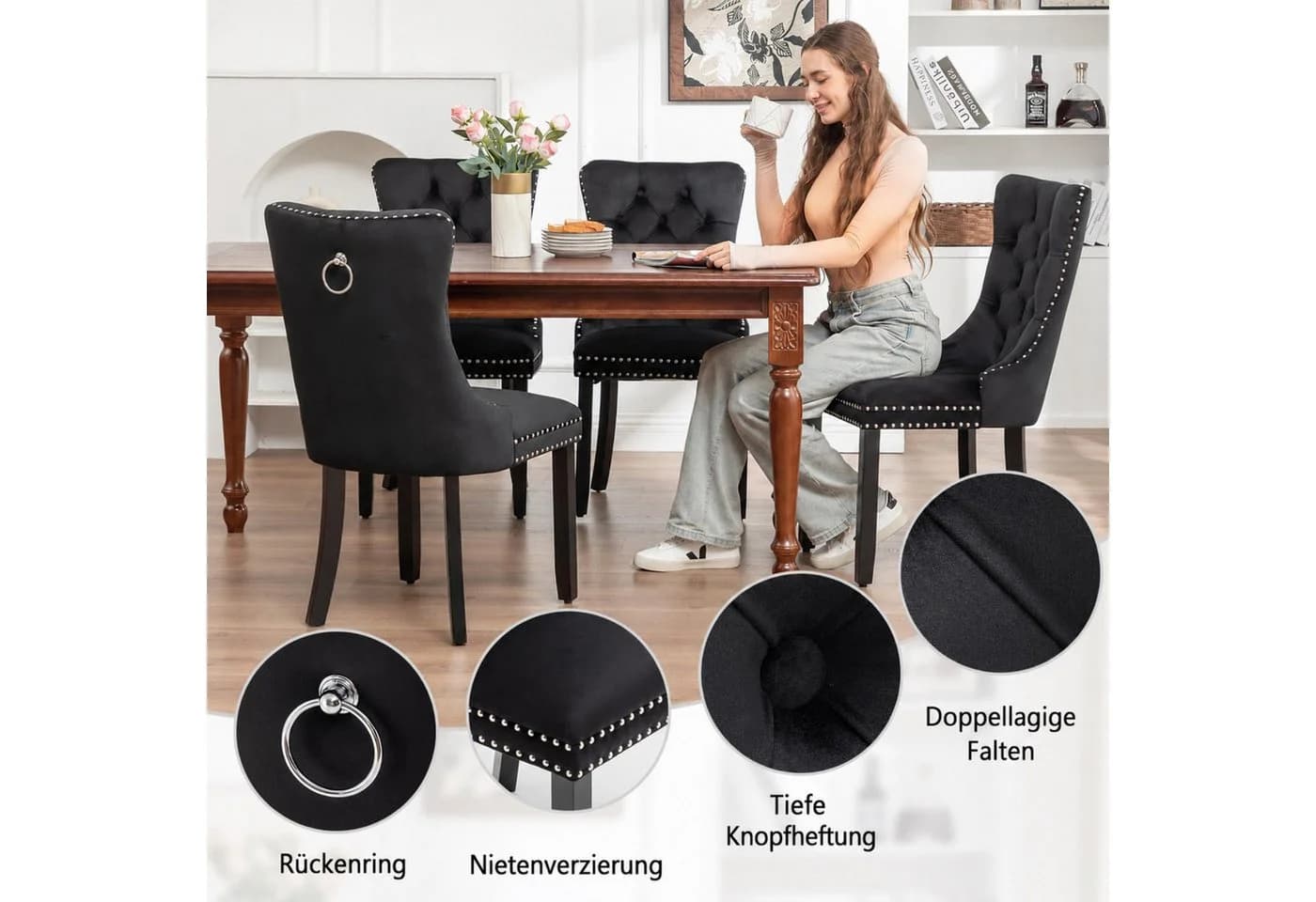 ANYSUN Esszimmerstuhl Chesterfield Samt Schwarz Massivholz Rubberwood - Bild 4