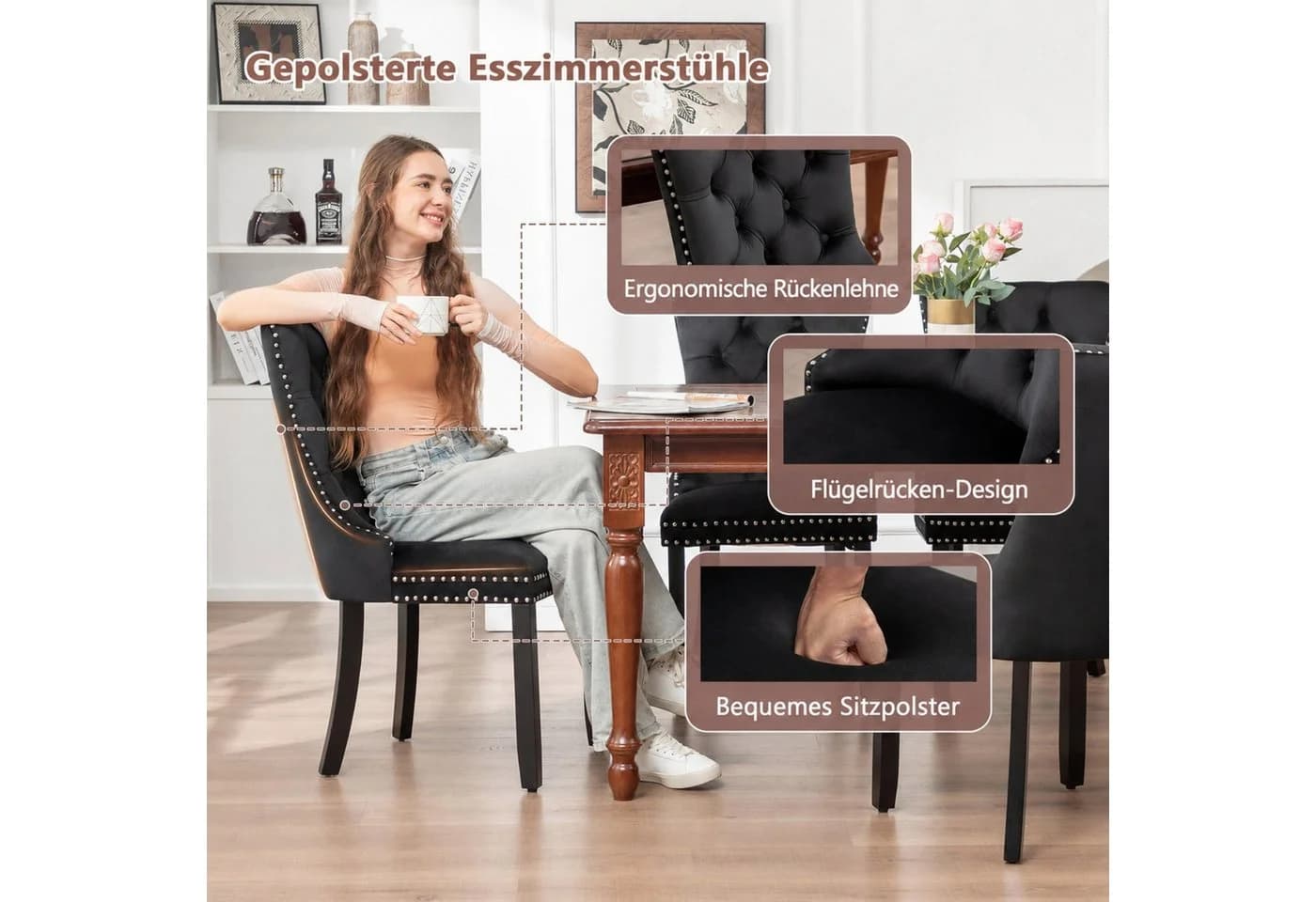 ANYSUN Esszimmerstuhl Chesterfield Samt Schwarz Massivholz Rubberwood - Bild 5