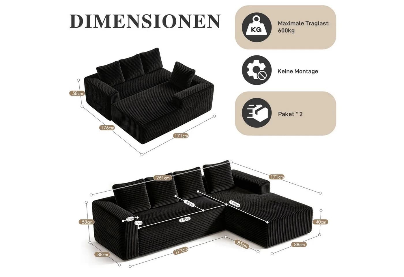 ANYSUN Ecksofa L-Form 4-Sitzer Schwarz Cordsamt Modern - Bild 3