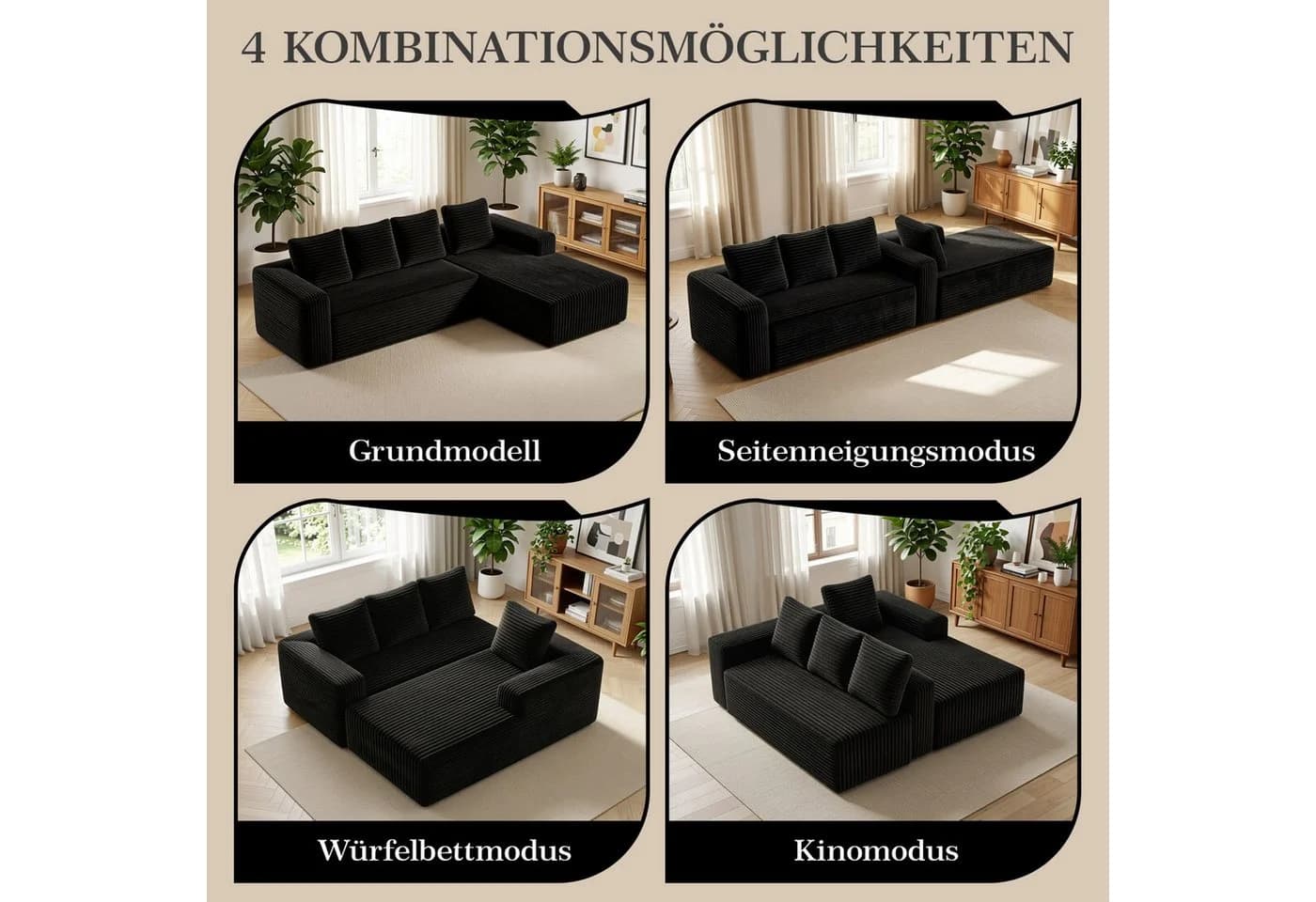 ANYSUN Ecksofa L-Form 4-Sitzer Schwarz Cordsamt Modern - Bild 4