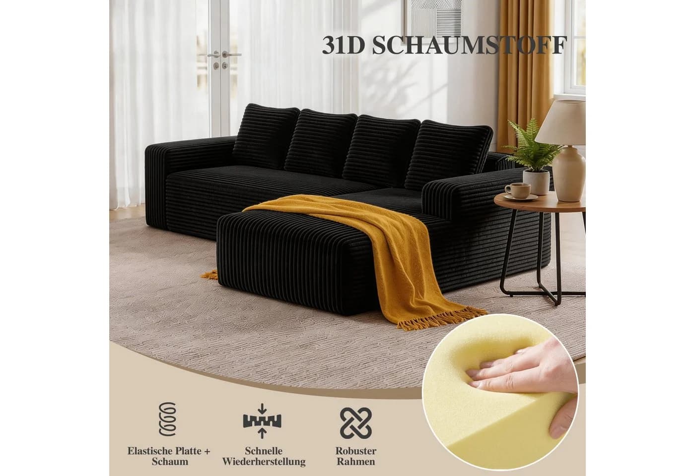 ANYSUN Ecksofa L-Form 4-Sitzer Schwarz Cordsamt Modern - Bild 5