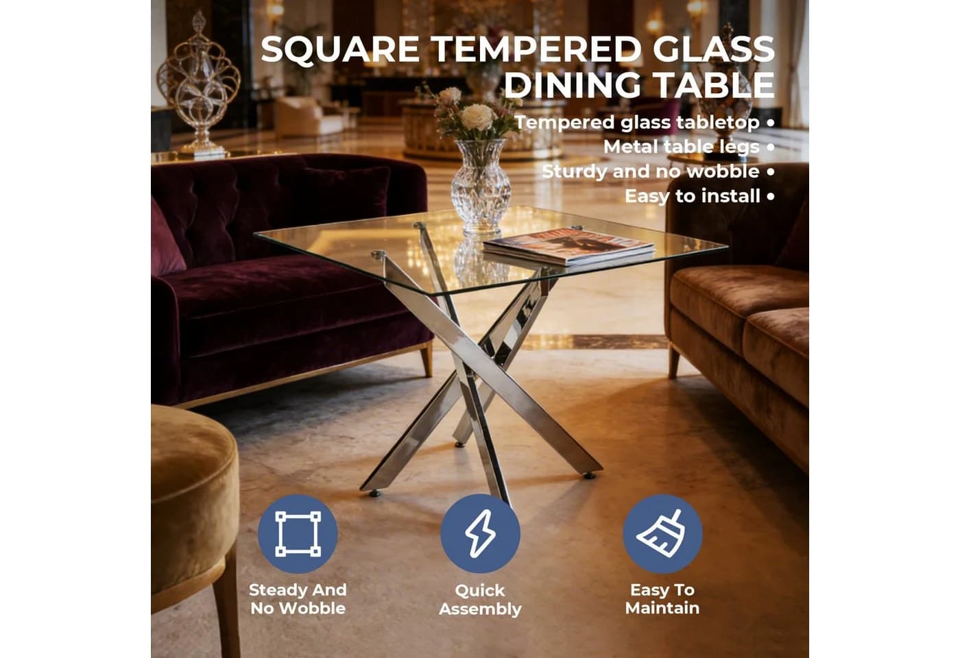 ANYSUN Runder Esstisch Glas Modern Silber/Gold