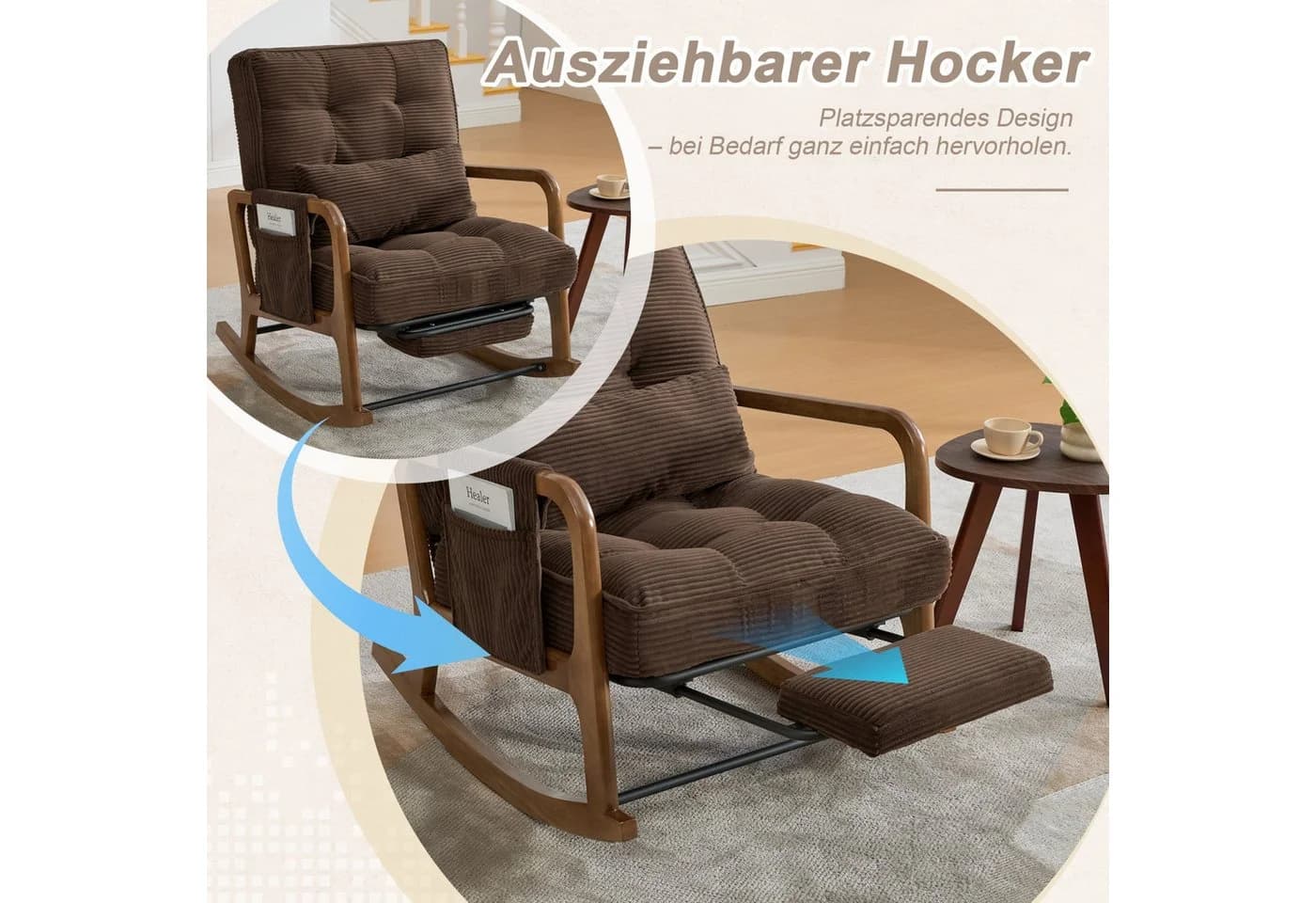 ANYSUN Schaukelstuhl Relaxsessel Cord Braun mit Fußstütze