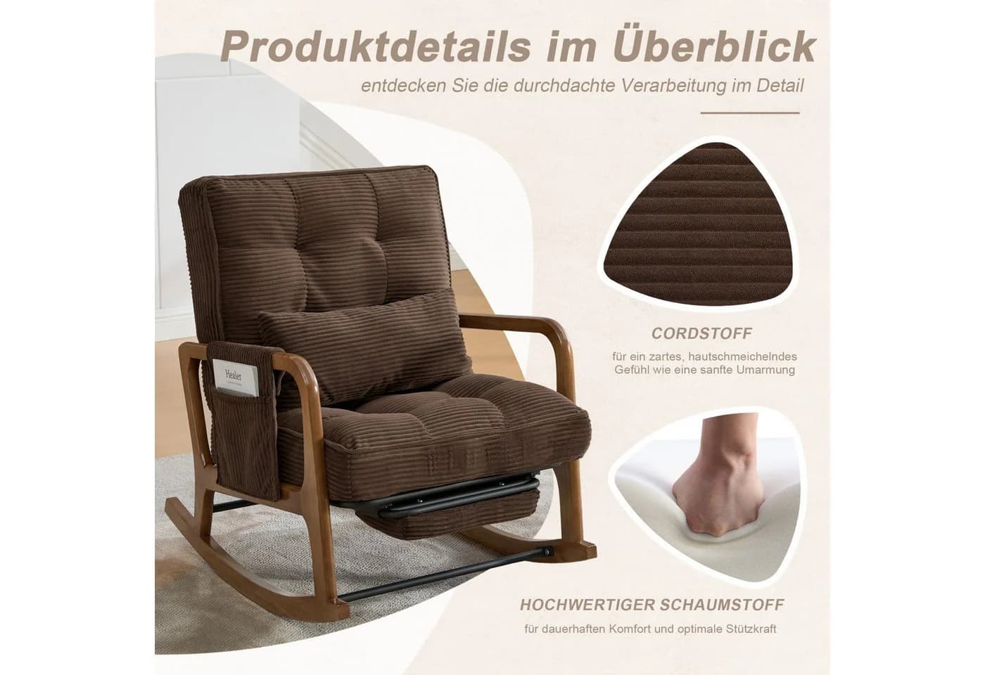 ANYSUN Schaukelstuhl Relaxsessel Cord Braun mit Fußstütze - Bild 3