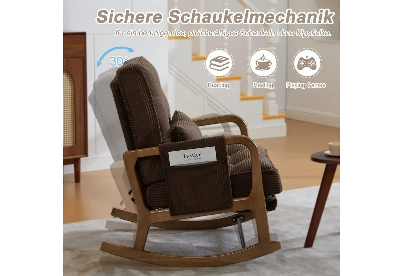 ANYSUN Schaukelstuhl Relaxsessel Cord Braun mit Fußstütze - Bild 4