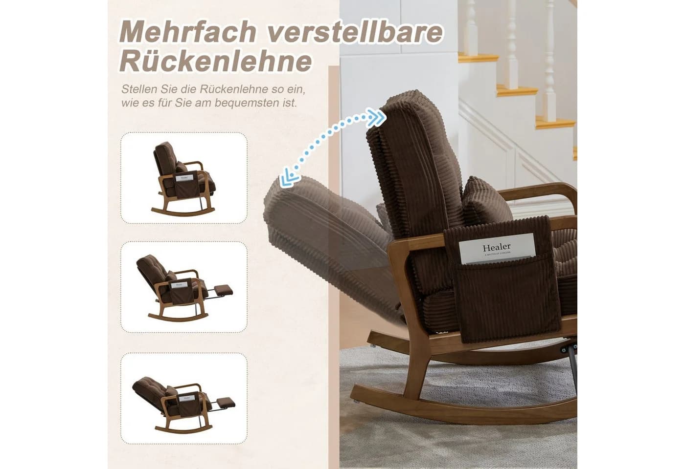 ANYSUN Schaukelstuhl Relaxsessel Cord Braun mit Fußstütze - Bild 5