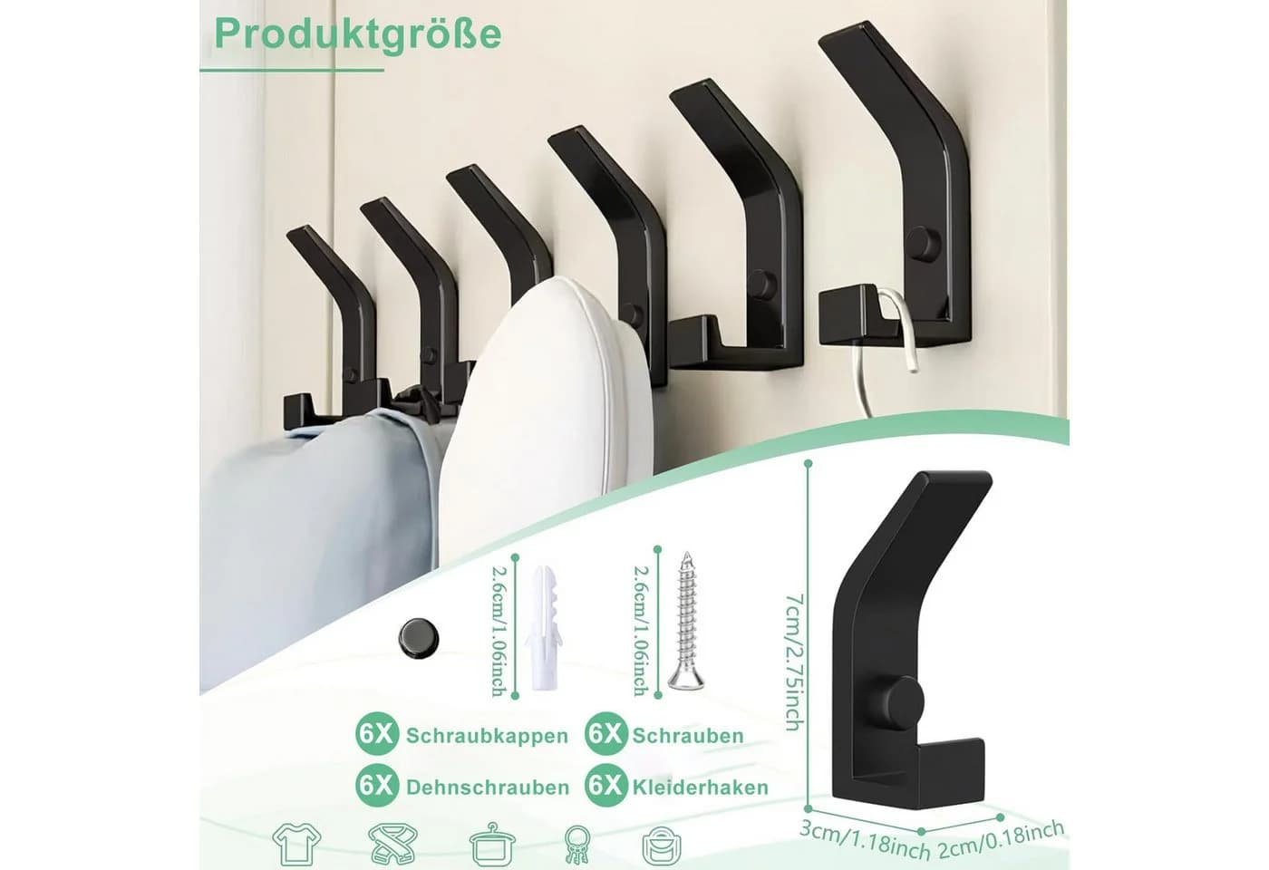 Forrlite Kleiderhaken 6er Set Schwarz Metall Wandmontage