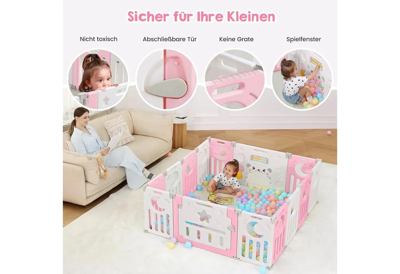 ToteBox Laufgitter Anpassungsfähiger Form mit Spielzeugboard Faltbarer laufstall (set, 14-tlg) Rosa - Bild 3