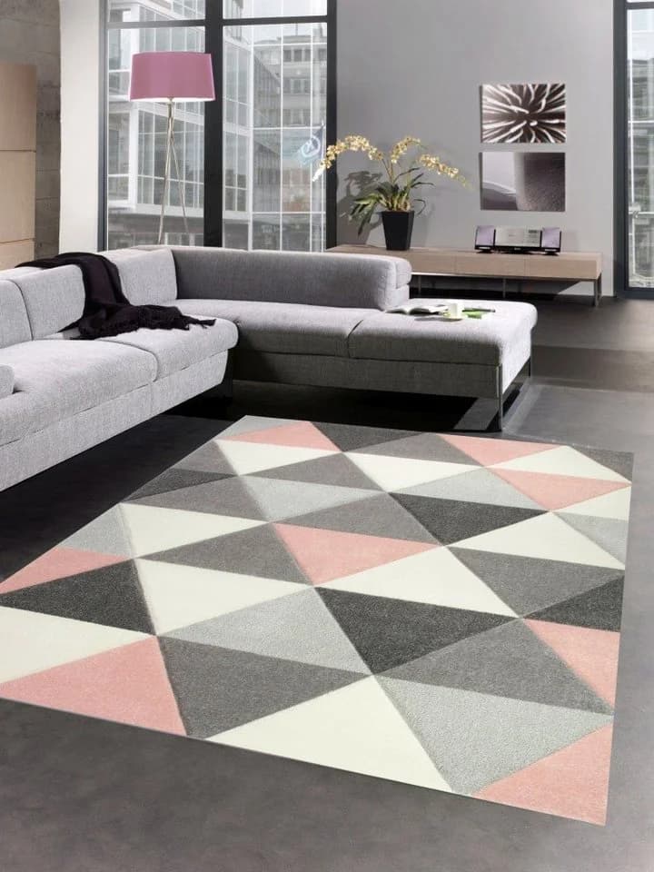 Carpetia Teppich Dreieck Rosa Grau Creme Kurzflor - Bild 2