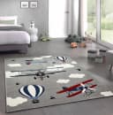Carpetia Kinderteppich Flugzeuge Doppeldecker Grau Blau Creme Bild 2