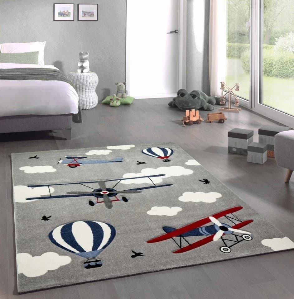 Carpetia Kinderteppich Flugzeuge Doppeldecker Grau Blau Creme - Bild 2