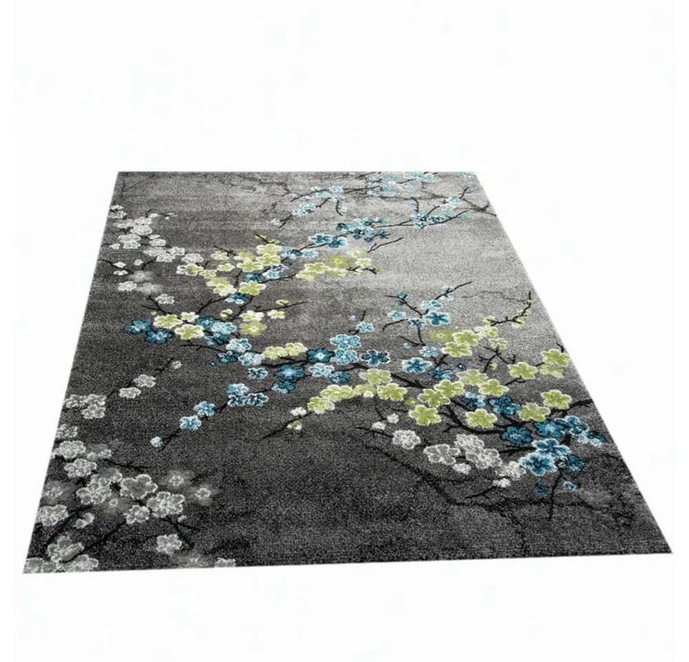 Carpetia Designer Teppich Kurzflor Blumen Grau Türkis Blau