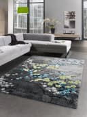 Carpetia Designer Teppich Kurzflor Blumen Grau Türkis Blau Bild 2