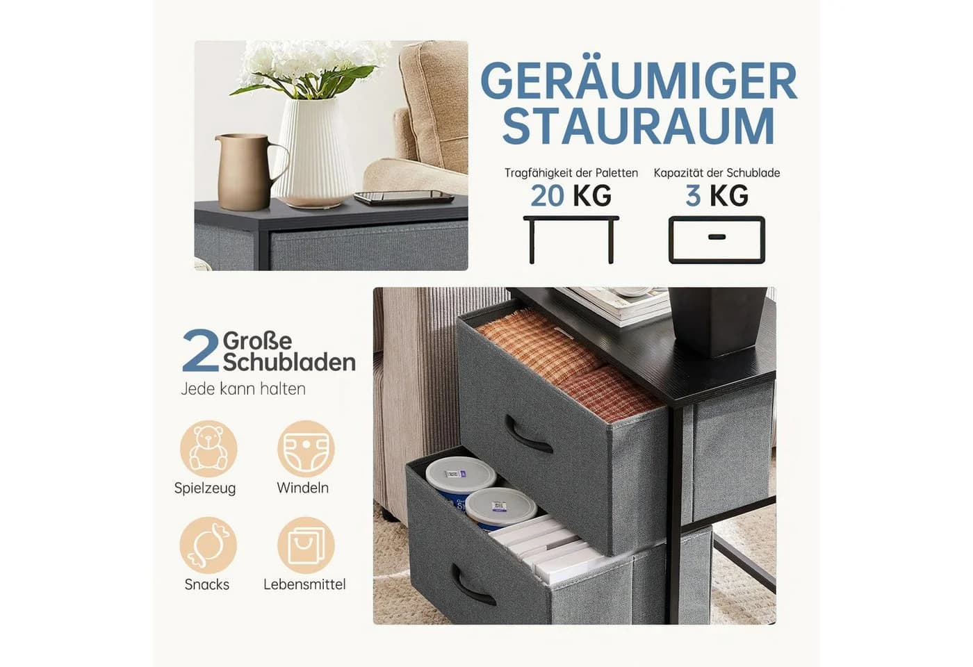 Refined Living Nachttisch 2 Schubladen Grau Metallgestell - Bild 3
