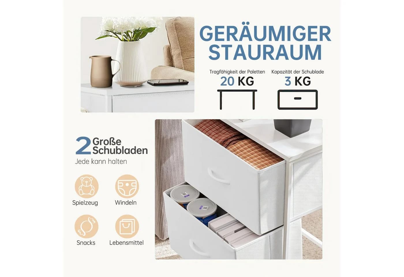 Refined Living Nachttisch 2 Schubladen Weiß Stahlrahmen - Bild 3