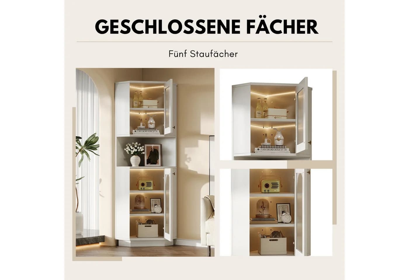 SeedWave Eckschrank Dreieckförmige Glasvitrine Weiß mit Lichtstreifen - Bild 4