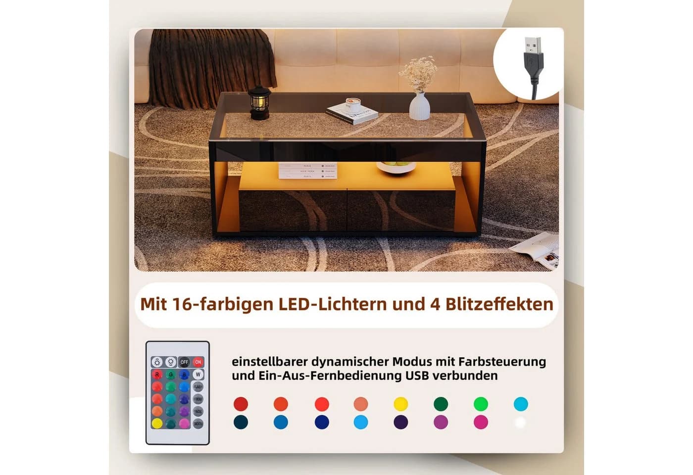 SeedWave Couchtisch Modern LED-Beleuchtung Glasplatte - Bild 3