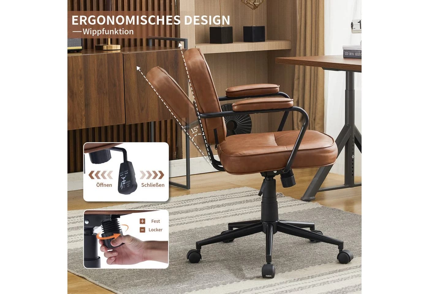 SeedWave Bürostuhl Retro Stil PU-Leder Wippfunktion 125 kg - Bild 3