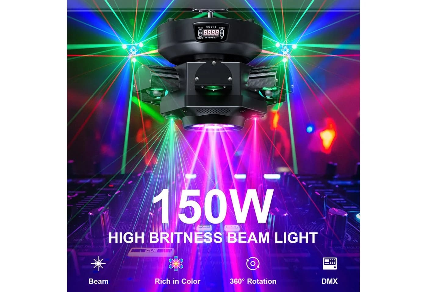 ZonQoonz Discolicht 150W 6-Arm Bühnenstrahllicht Schwarz mit Sterneneffekt für DJ-Party-Hochzeit