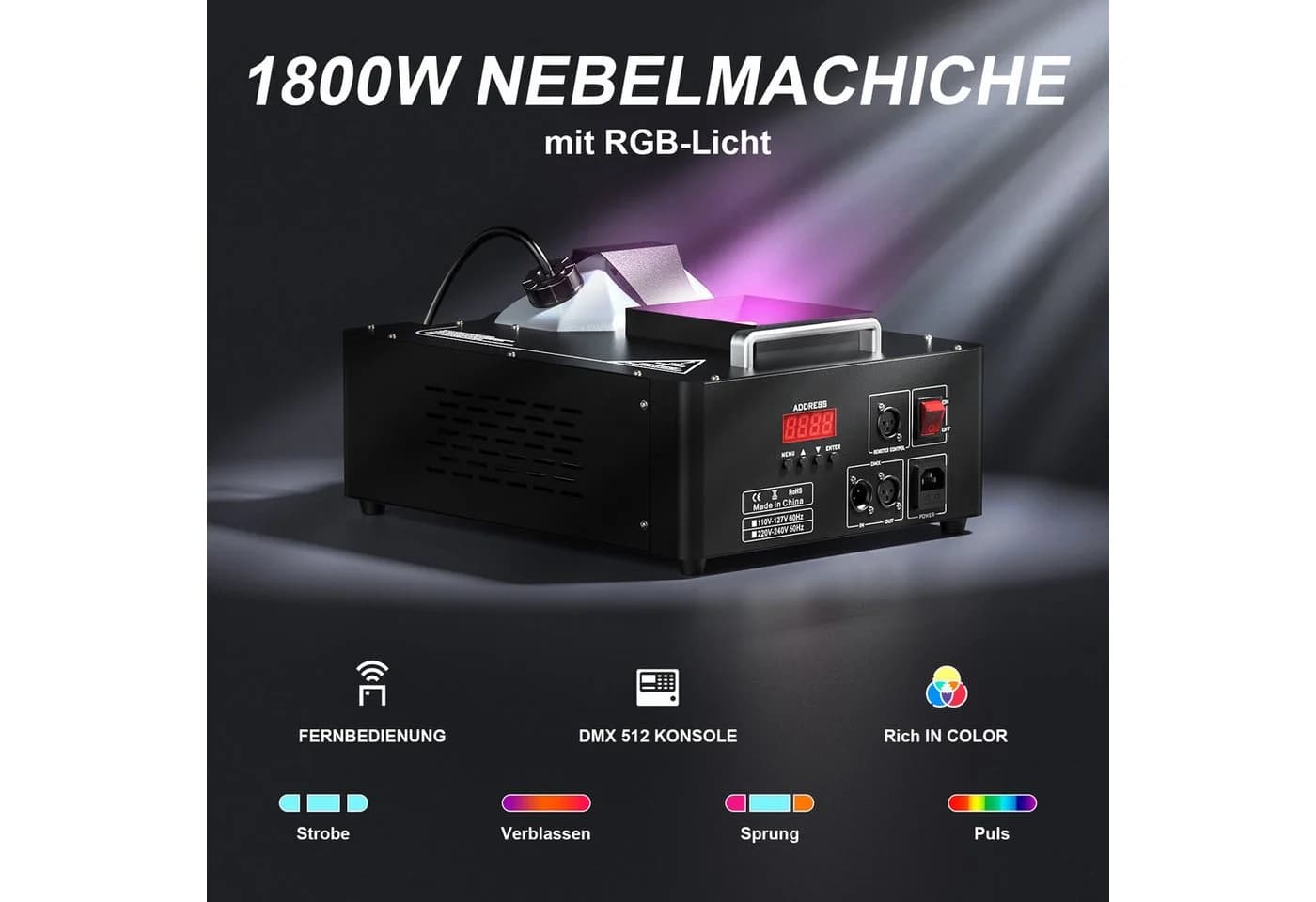 ZonQoonz 1800W Nebelmaschine mit 24 RGB-LEDs & Fernbedienung