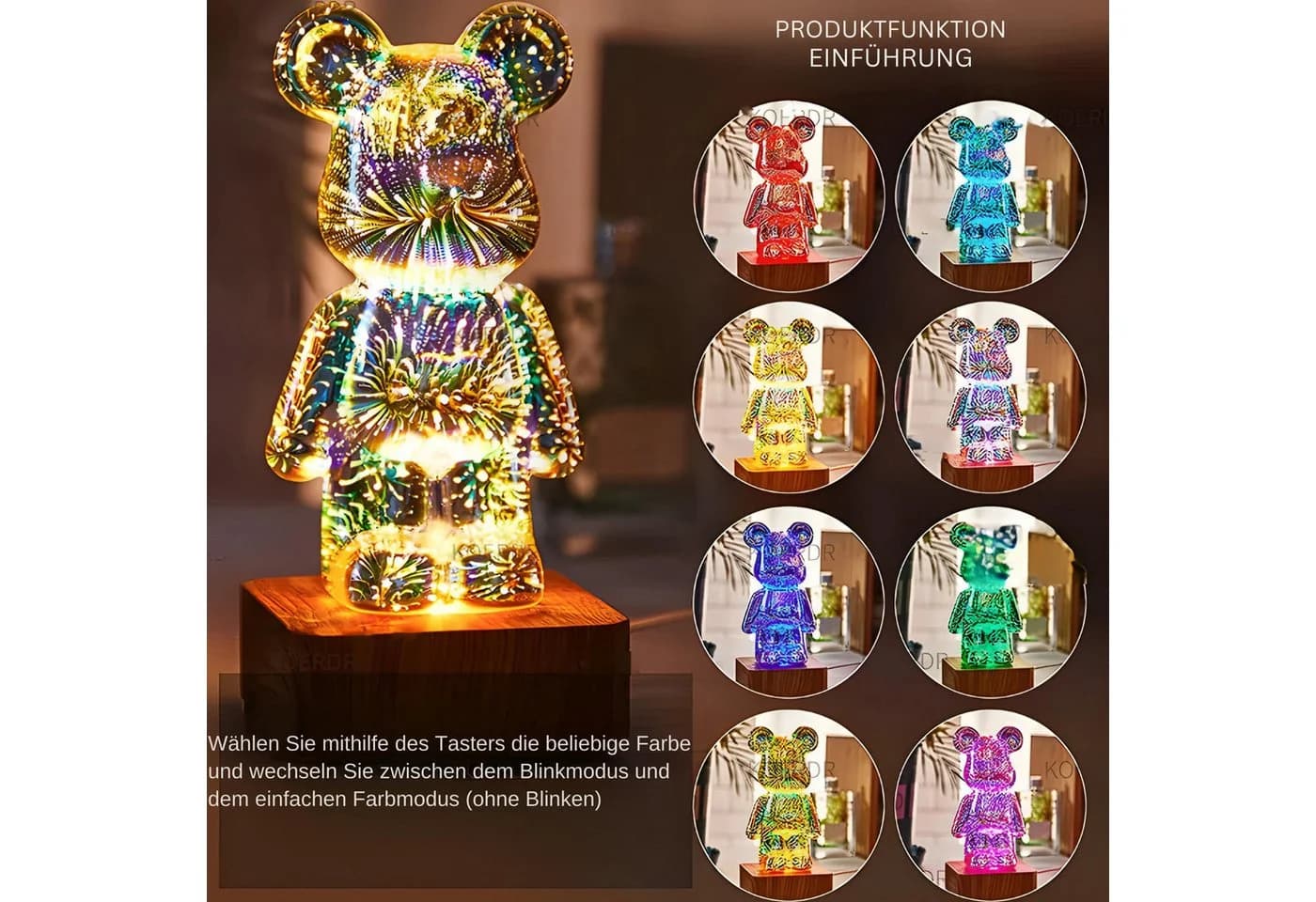 HS.SUPPLY LED Dekolicht 3D Feuerwerksbär Bärenlampe 8-Farben - Bild 5