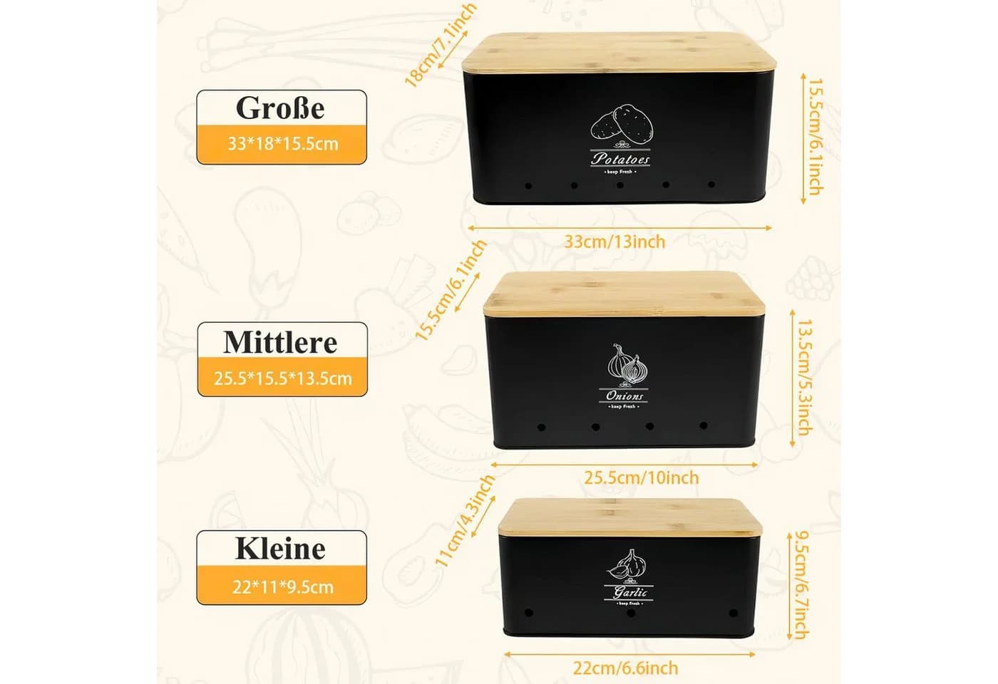 SURFOU Aufbewahrungsbox 3er Set Kartoffel, Zwiebel & Knoblauch Grau Bambus