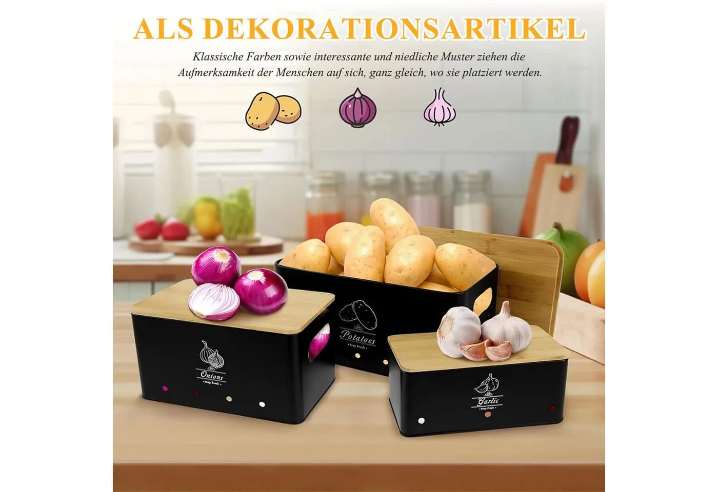 SURFOU Aufbewahrungsbox 3er Set Kartoffel, Zwiebel & Knoblauch Grau Bambus - Bild 3