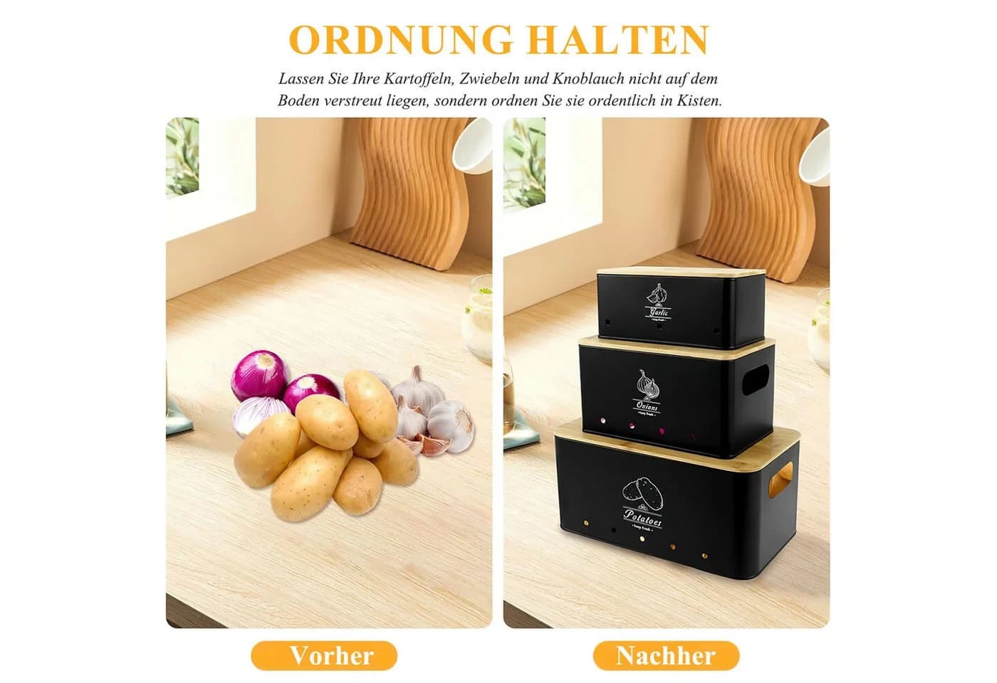 SURFOU Aufbewahrungsbox 3er Set Kartoffel, Zwiebel & Knoblauch Grau Bambus - Bild 5