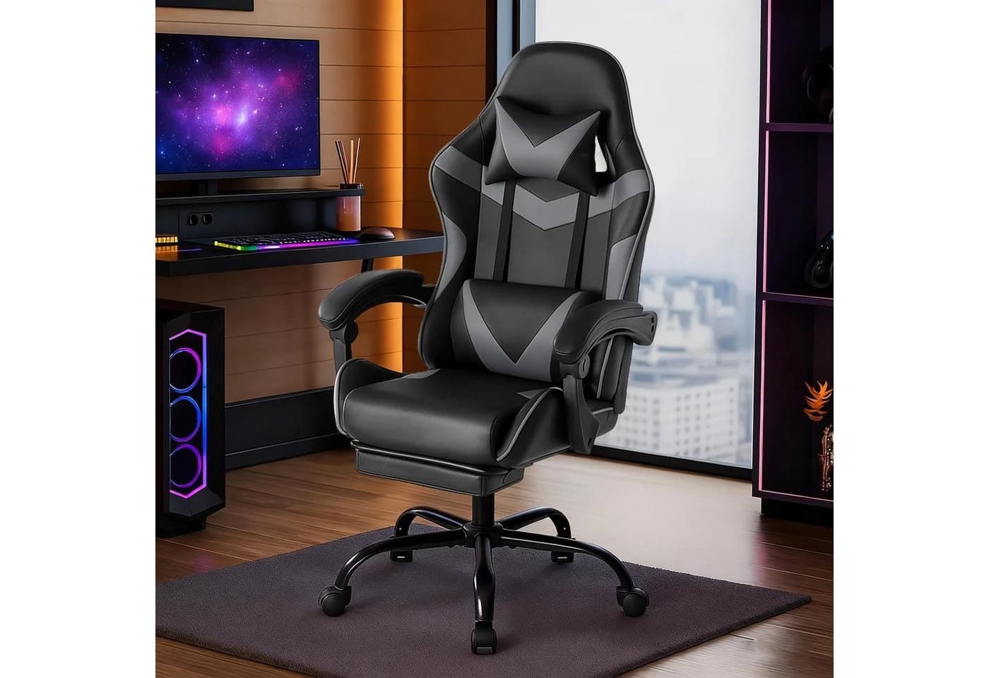 SURFOU Gaming-Stuhl Bürostuhl Grau mit Fußstütze und Lordosenstütze
