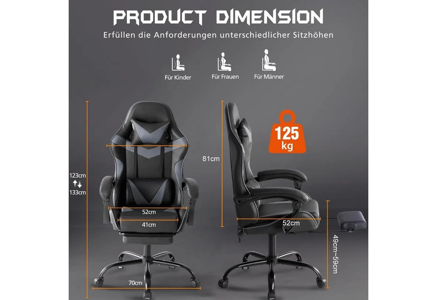 SURFOU Gaming-Stuhl Bürostuhl Grau mit Fußstütze und Lordosenstütze - Bild 3