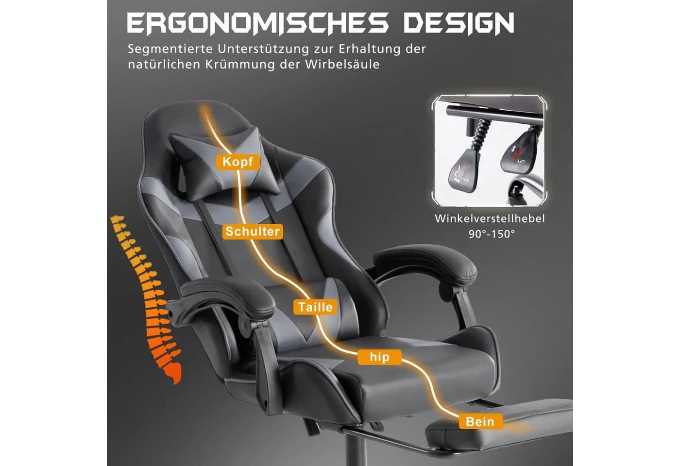 SURFOU Gaming-Stuhl Bürostuhl Grau mit Fußstütze und Lordosenstütze - Bild 4