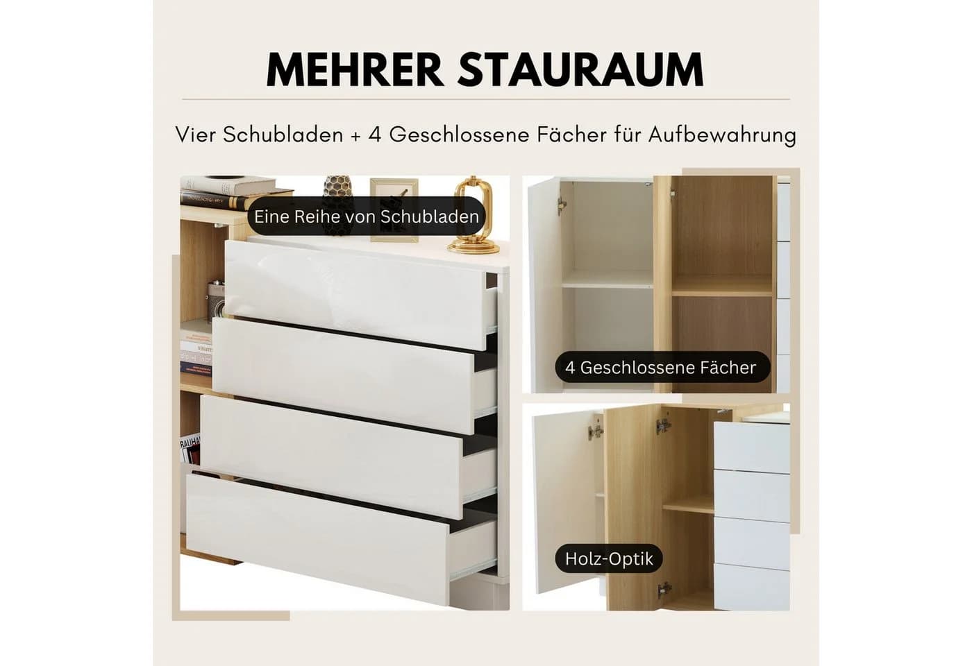 SeedWave Sideboard Weiß Modern mit 4 Schubladen und 4 Fächern - Bild 3