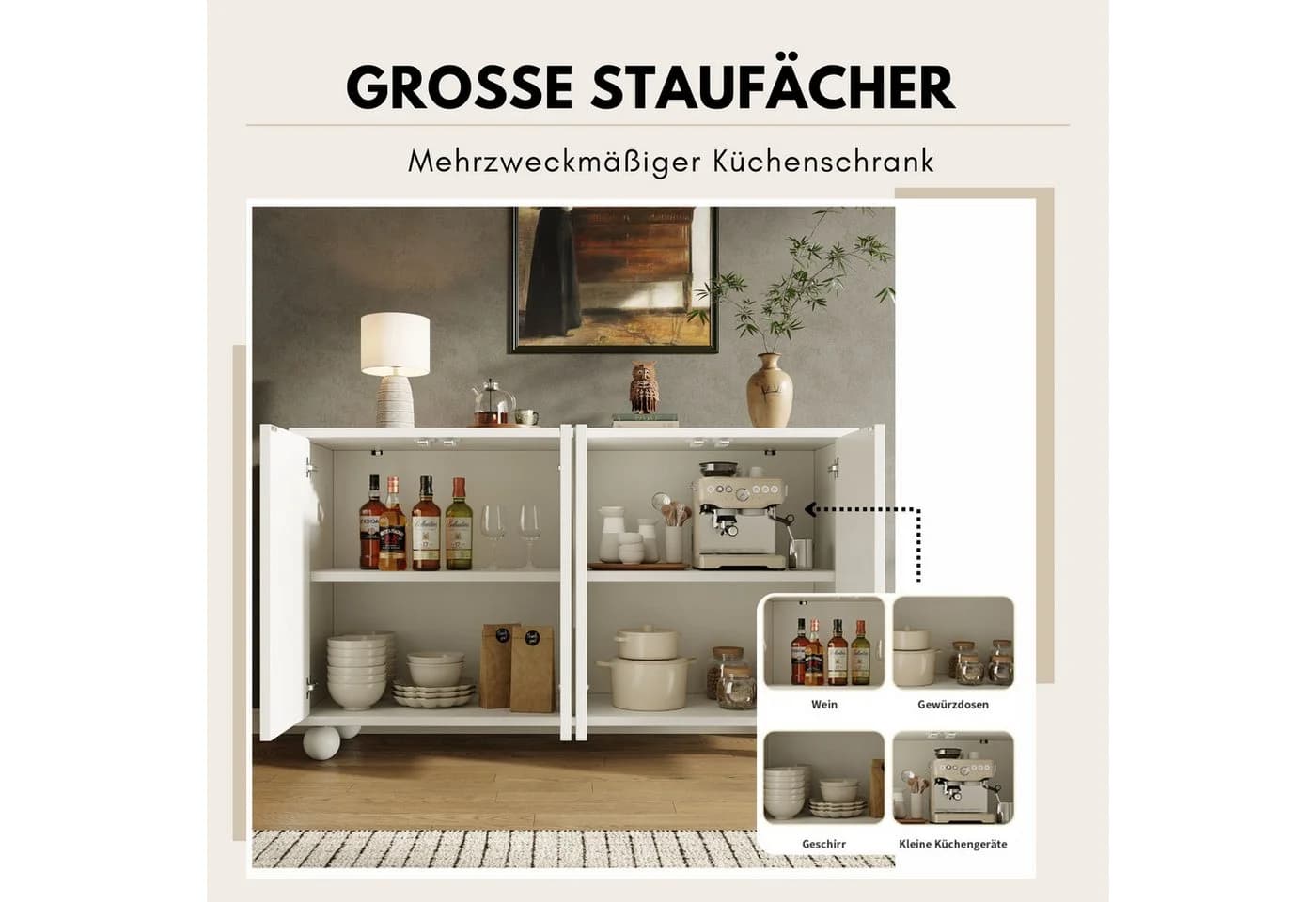 SeedWave Sideboard Modern Grifflos Weiß Bogenförmiges Design - Bild 3