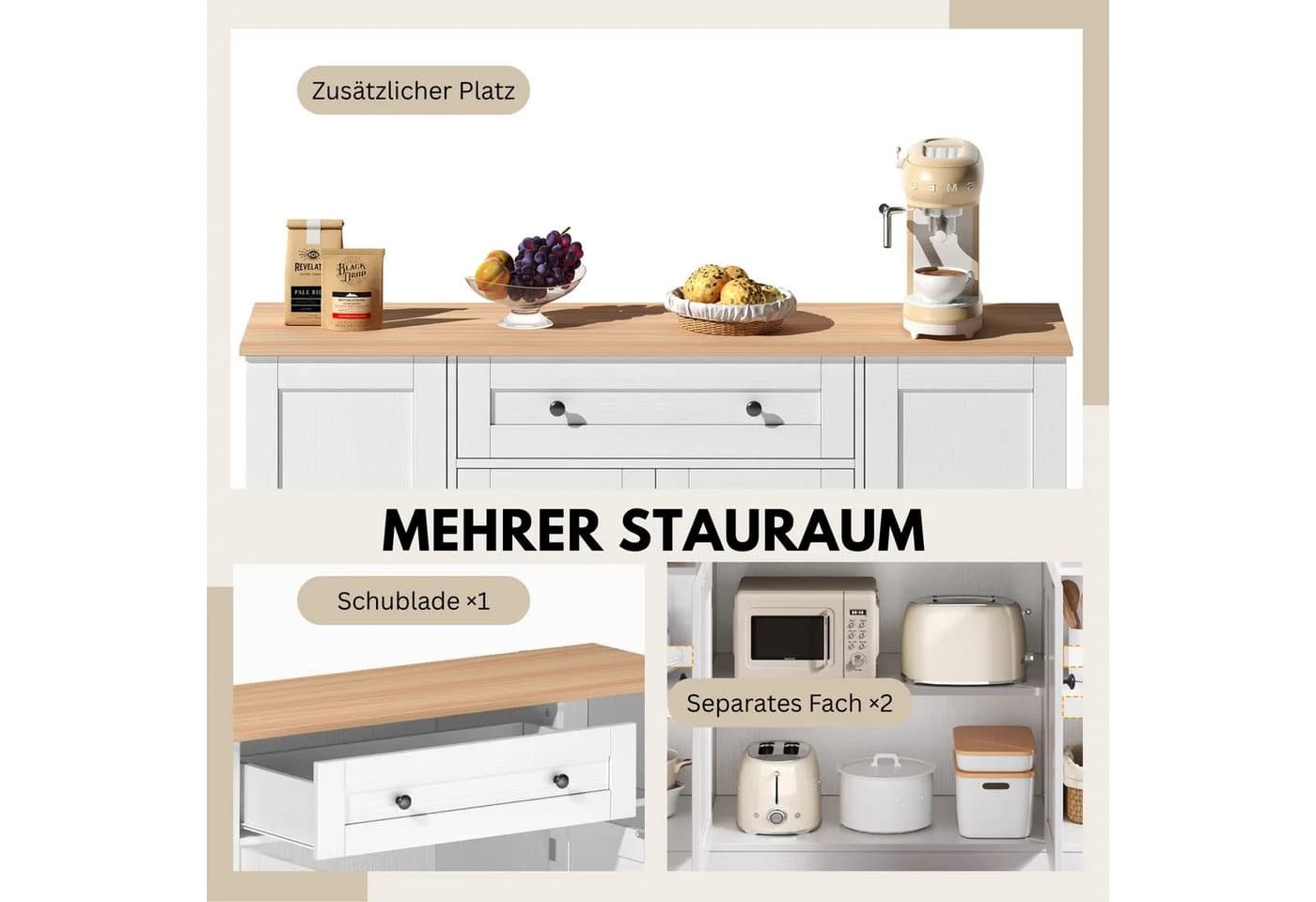 SeedWave Küchenbuffet HolzWeiß mit Viel Stauraum und Schutzgeländern - Bild 5