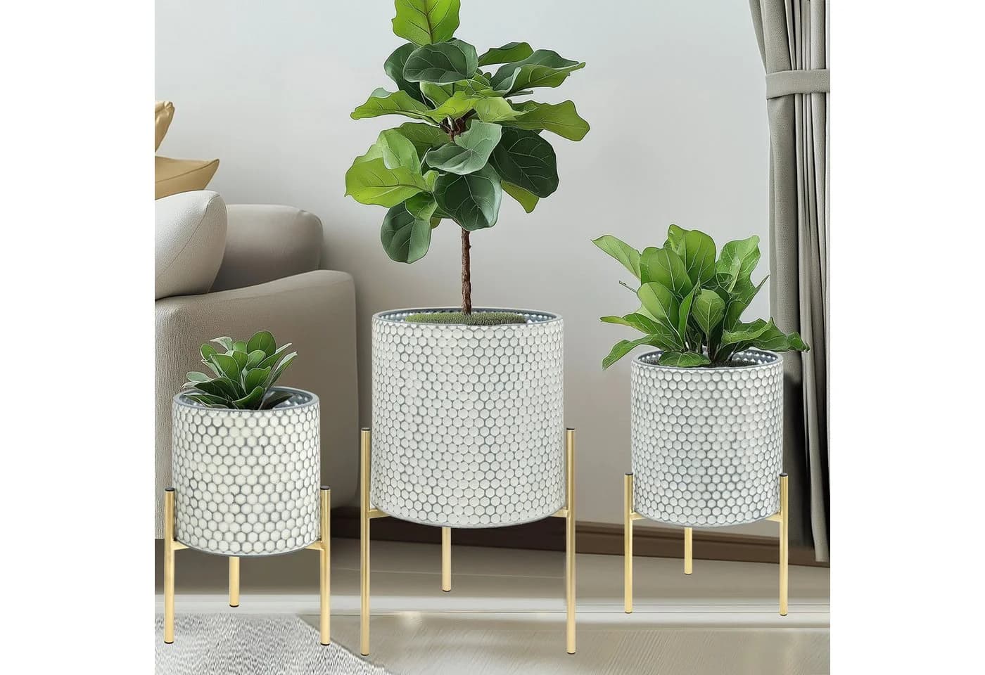 G-LEAF Blumentopf Moderne Pflanzgefäße aus Metall mit einzigartigem Rautenmuster (3 St) mit stabilem Goldständer, einfach zu montieren, weiß - Bild 2