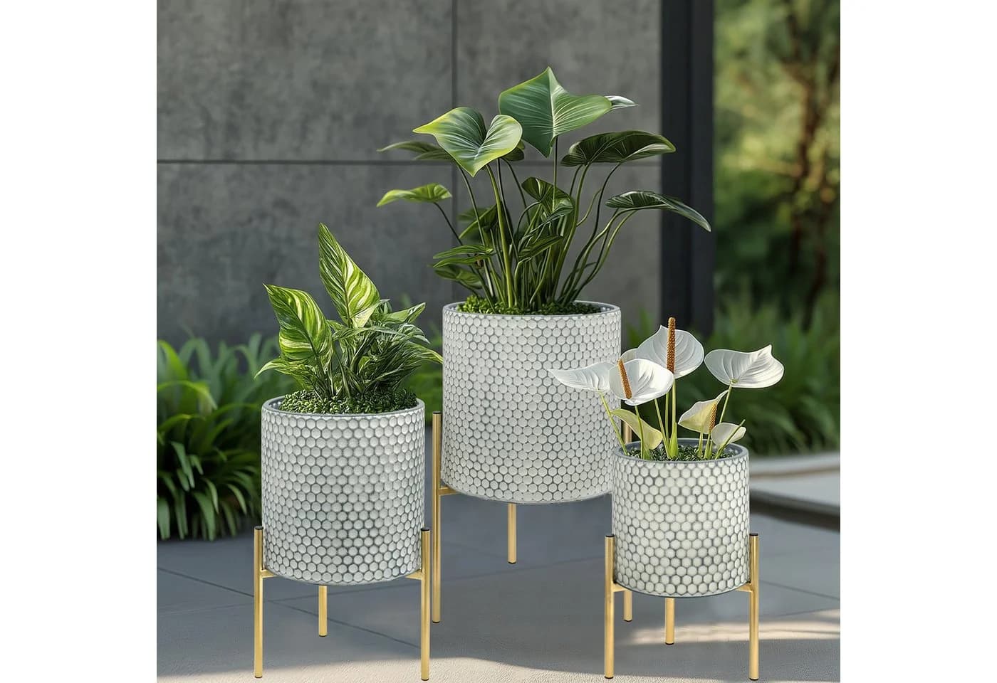G-LEAF Blumentopf Moderne Pflanzgefäße aus Metall mit einzigartigem Rautenmuster (3 St) mit stabilem Goldständer, einfach zu montieren, weiß - Bild 3