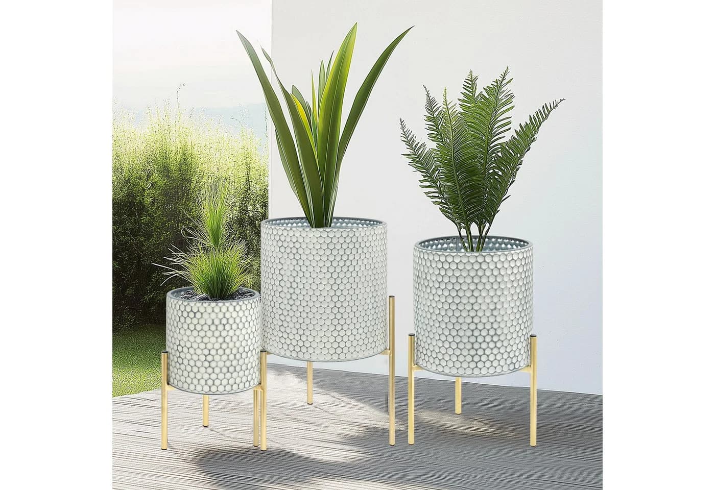 G-LEAF Blumentopf Moderne Pflanzgefäße aus Metall mit einzigartigem Rautenmuster (3 St) mit stabilem Goldständer, einfach zu montieren, weiß - Bild 4