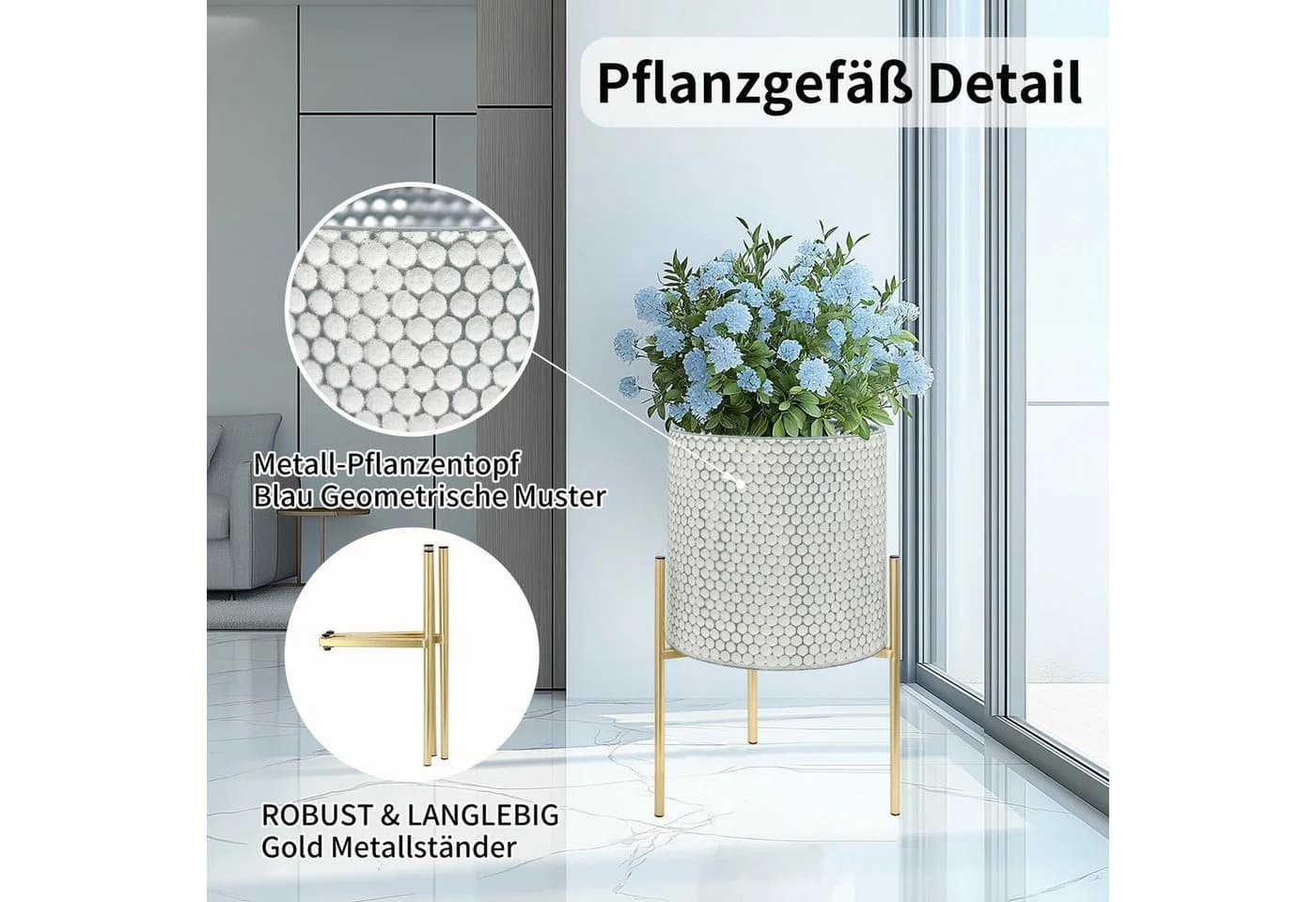 G-LEAF Blumentopf Moderne Pflanzgefäße aus Metall mit einzigartigem Rautenmuster (3 St) mit stabilem Goldständer, einfach zu montieren, weiß - Bild 5