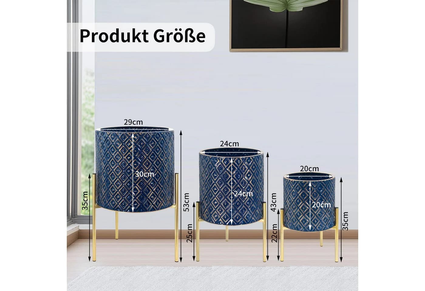G-LEAF Blumentopf 3 St. Blau Metall Rautenmuster