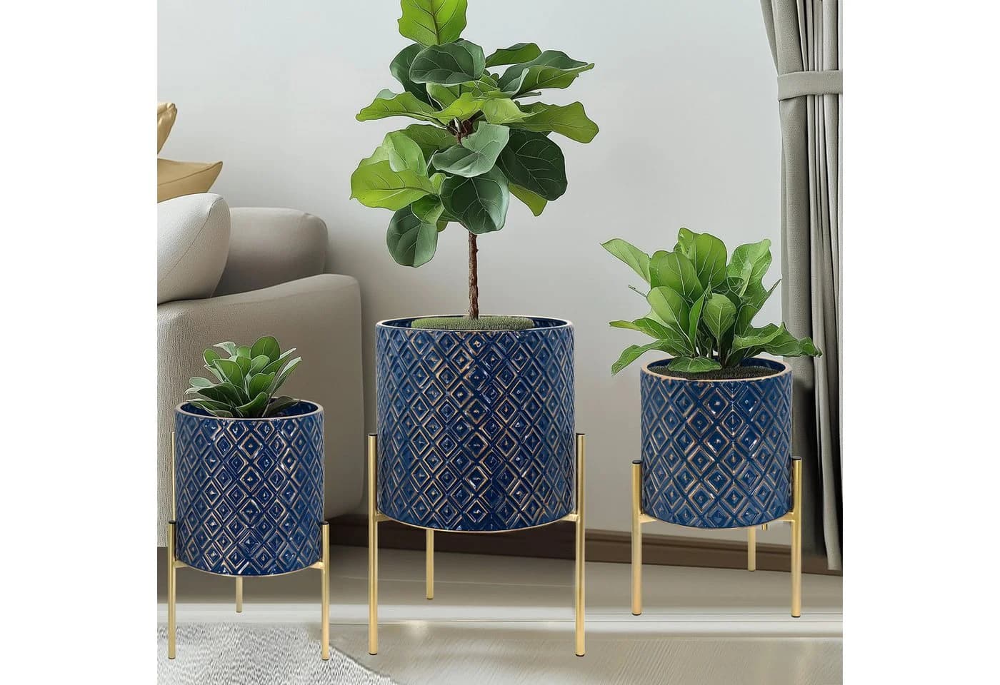 G-LEAF Blumentopf 3 St. Blau Metall Rautenmuster - Bild 2