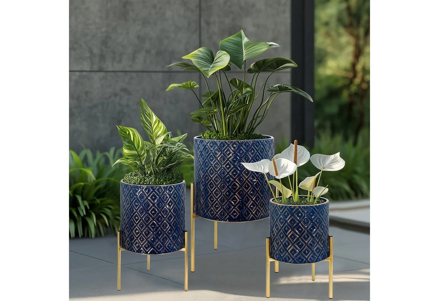 G-LEAF Blumentopf 3 St. Blau Metall Rautenmuster - Bild 3