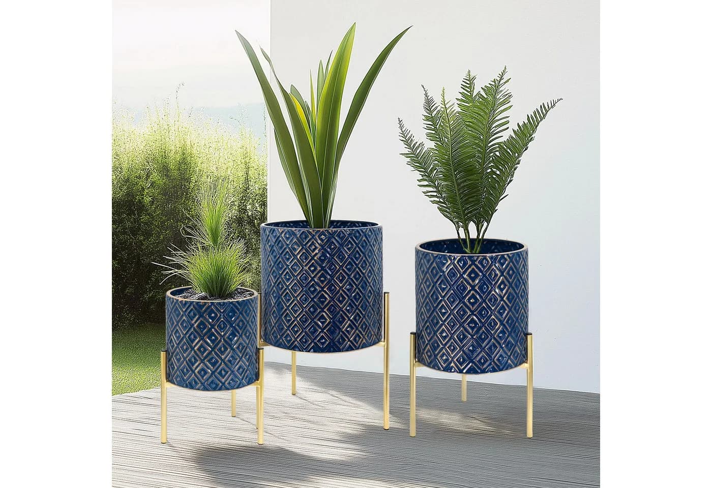G-LEAF Blumentopf 3 St. Blau Metall Rautenmuster - Bild 4