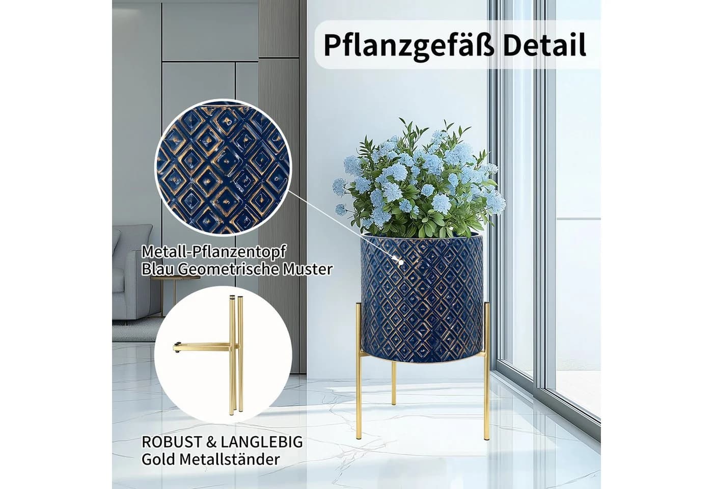 G-LEAF Blumentopf 3 St. Blau Metall Rautenmuster - Bild 5