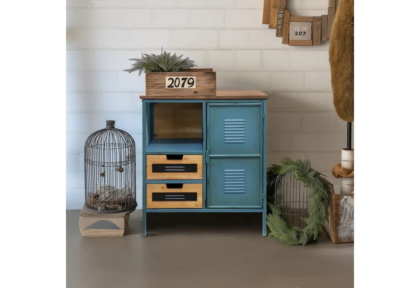 G-LEAF Kommode Sideboard Industriestil Retro Metallschrank Holzplatte Blau - Bild 2