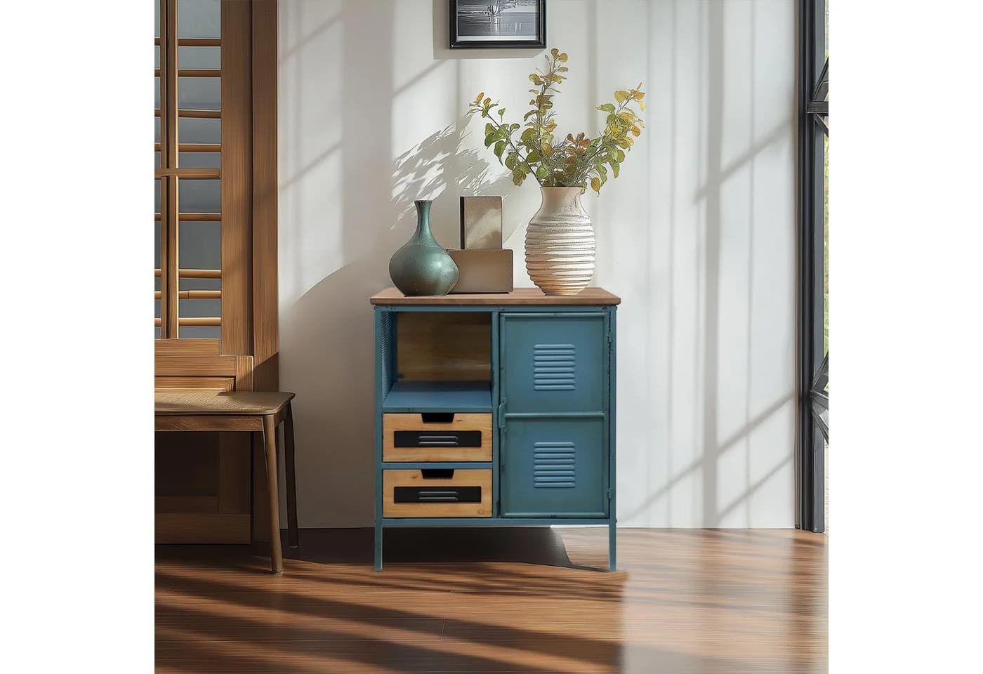 G-LEAF Kommode Sideboard Industriestil Retro Metallschrank Holzplatte Blau - Bild 3
