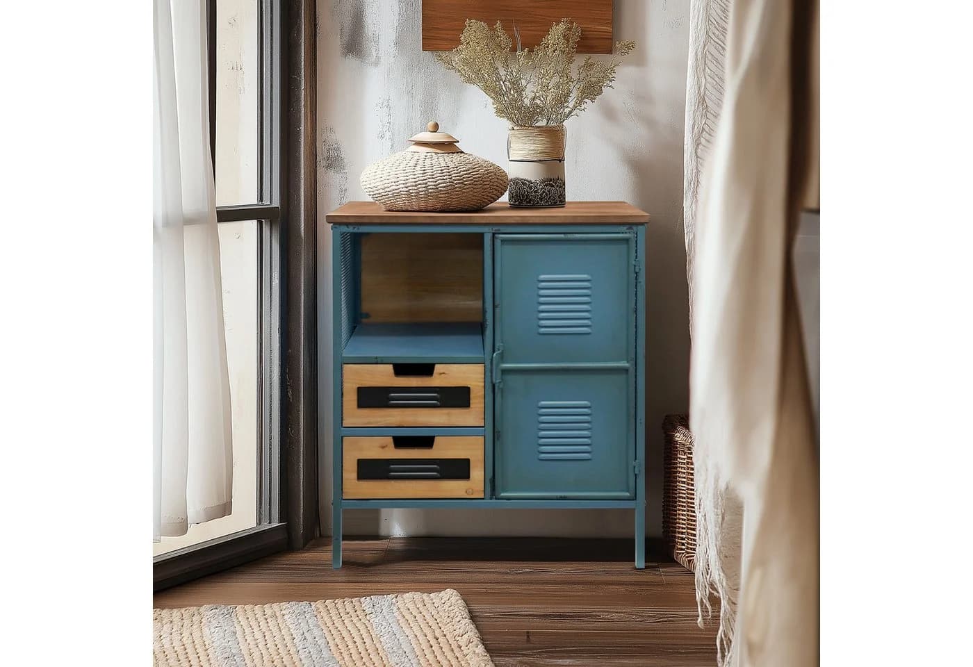 G-LEAF Kommode Sideboard Industriestil Retro Metallschrank Holzplatte Blau - Bild 4