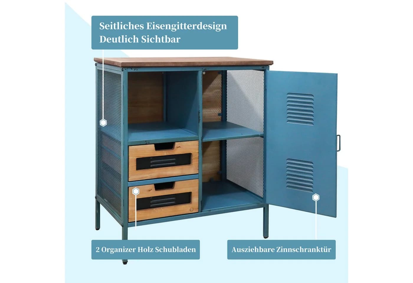 G-LEAF Kommode Sideboard Industriestil Retro Metallschrank Holzplatte Blau - Bild 5