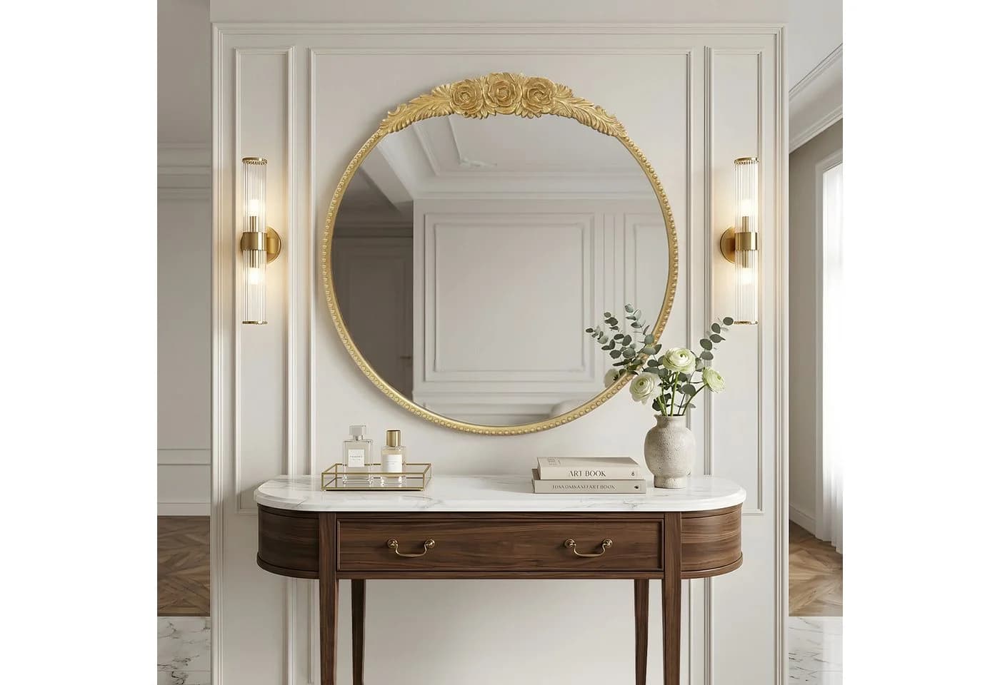 G-LEAF Barock Wandspiegel Gold Rund mit Blumen-Verzierung - Bild 2