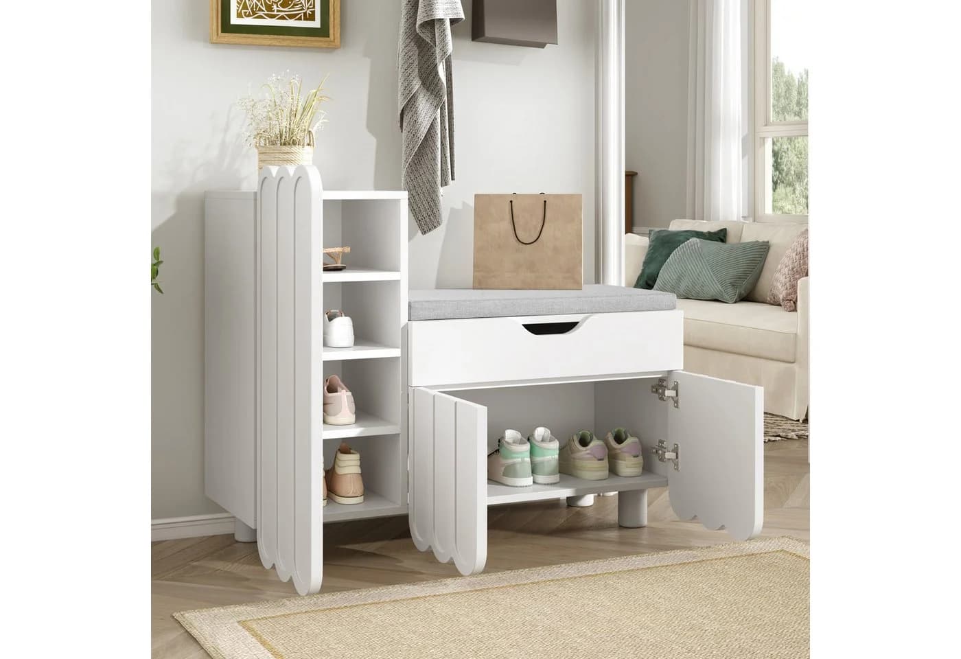 Refined Living Schuhschrank 3-Türen mit Schublade & Sitzpolster Weiß - Bild 4